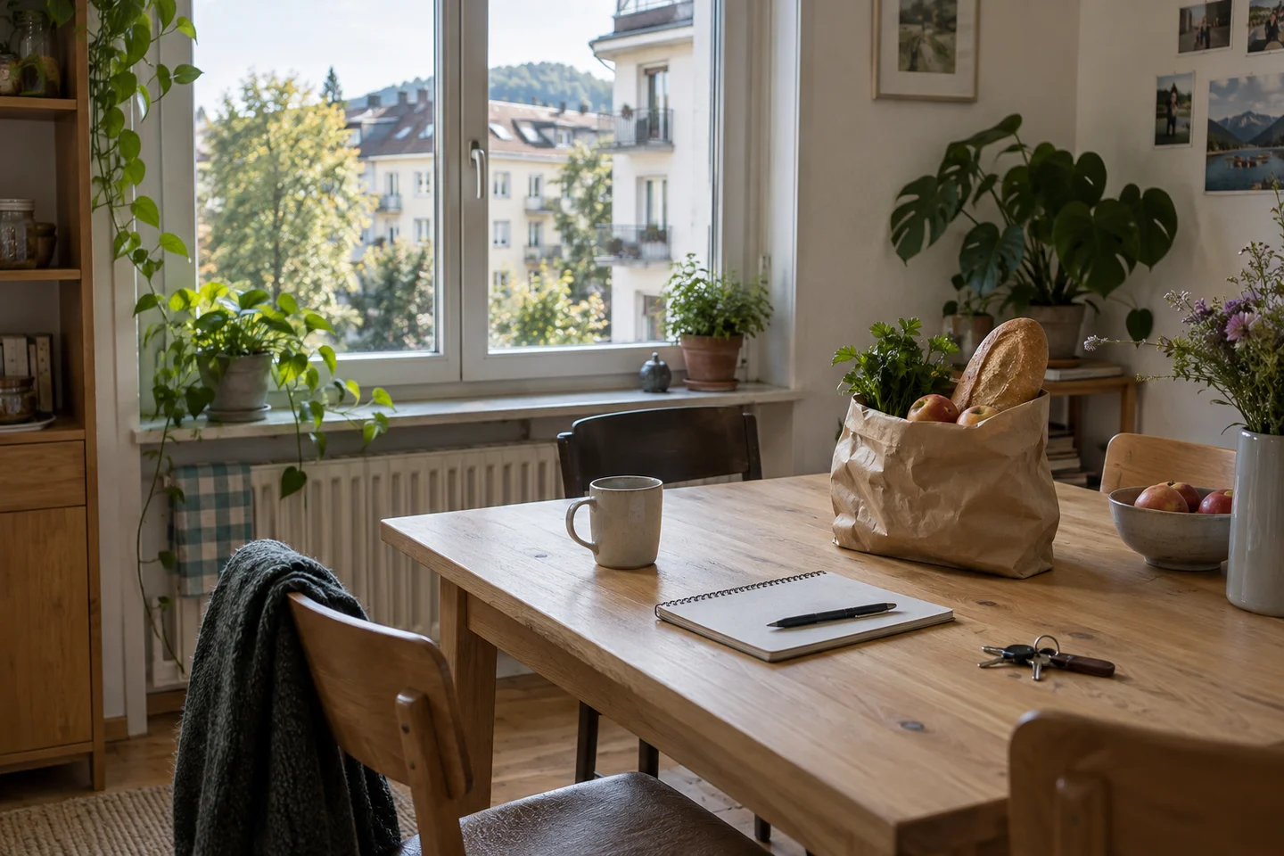 Tisch und Alltagsgegenstände in einer hellen Wohnung